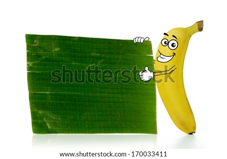 Banana cartoon character stands beside a plain banana leaf