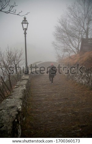 ancient staircase of a castle shrouded in fog