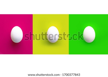 Collage of pink, yellow and green rectangles with three white chicken eggs.