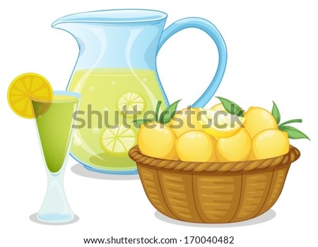 Illustration of a basket of lemon beside the pitcher with lemonade on a white background
