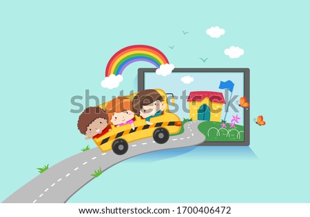 Illustration of Kids Riding a School Bus and Going Inside a Virtual School Inside a Tablet or Mobile Phone