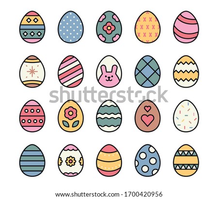 A collection of Easter eggs with various drawings. flat design style minimal vector illustration.