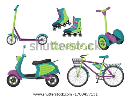 Set of elements of urban transport. Flat style. Eco-friendly vehicles for walking, recreation, sports, city transportation, food and goods delivery. Color vector illustration. Isolated on white Royalty-Free Stock Photo #1700459131