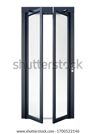 Elevator door frame with push button, isolated on white background