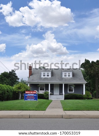 For Sale Welcome Open House Real Estate Sign Suburban Cape Cod Style home in Residential Neighborhood Blue Sky Clouds USA