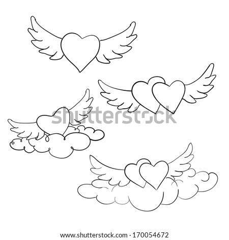 Set in the clouds flying hearts on a white background