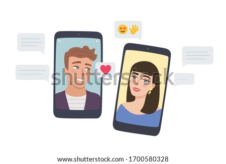 Long distance relationship and communication. Couple talking trough video call and messages on smartphone. Online dating app. Conversation of people via mobile phones. Flat style vector. Royalty-Free Stock Photo #1700580328