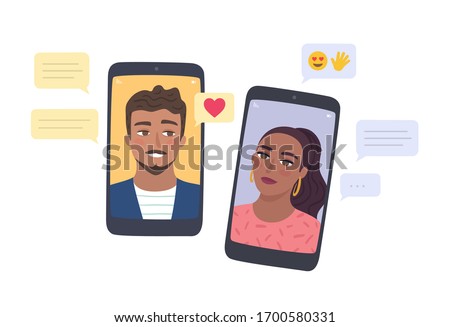 Long distance relationship and communication. Couple talking trough video call and messages on smartphone. Online dating app. Conversation of people via mobile phones. Flat style vector. Royalty-Free Stock Photo #1700580331
