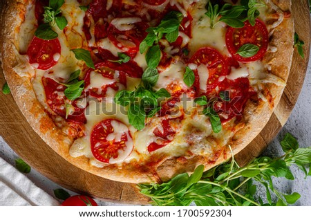 Delicious simple pizza with tomatoes, mozzarella and herbs