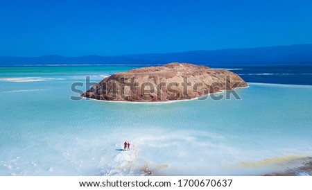 Nobember 07, 2019: Aerial View to Tourists on the Blue Salty Lake Assal Royalty-Free Stock Photo #1700670637