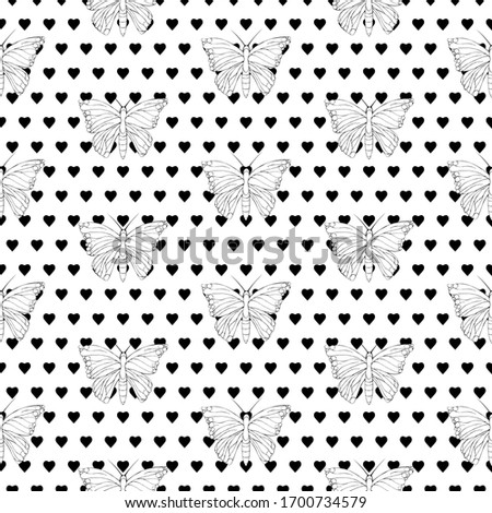 Seamless texture with black hearts and liner butterflies on a white background . Template for fabric packaging. Pattern in swatch panel.