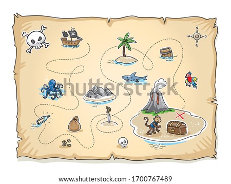 Cute pirate's treasure map with lots of icons and volcano island with treasure chest. Hand drawn cartoon sketch vector illustration, flat style coloring.  Royalty-Free Stock Photo #1700767489