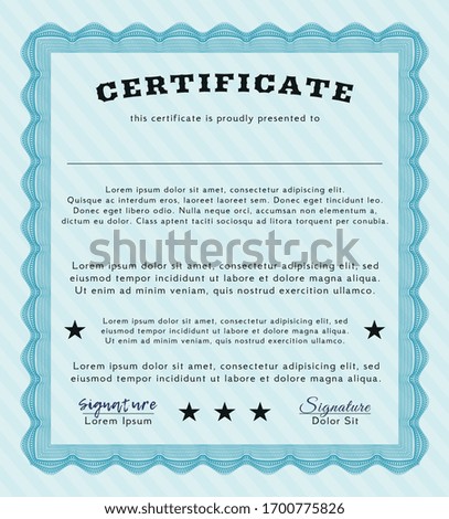 Light blue Certificate diploma or award template. Customizable, Easy to edit and change colors. With complex background. Elegant design. 