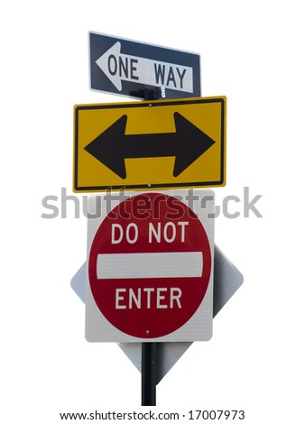 Three street signs over a white background.