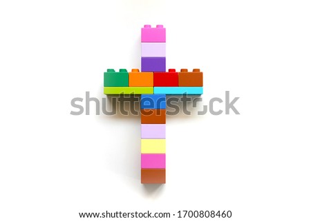 Church for kid concept, Bible Study for child, Colorful Christian cross made of bricks toys.
