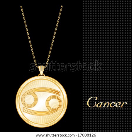 Cancer Astrology Medallion Necklace.  Engraved zodiac icon, with gold chain, for the horoscope Water Sign Cancer, with textured black background.