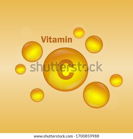 Vitamin A gold drop icon. Vitamin drop pill capsule. Vitamin C natural essence for skin. Vector illustration.