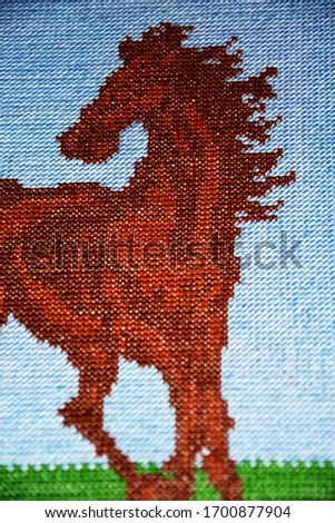 The embroidered picture, a horse. Cross stitch on textile canvas.