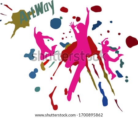 People dance, jump, enjoy. Bright colours. Fuchsia color. Abstraction.