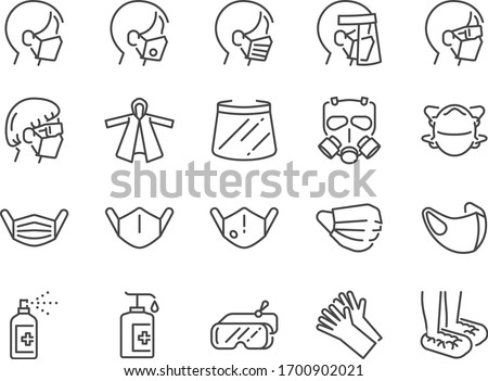 Covid-19 protection equipments line icon set. Included icons as face mask, 3d mask, face shield, goggles, alcohol gel, PPE suite and more. Royalty-Free Stock Photo #1700902021