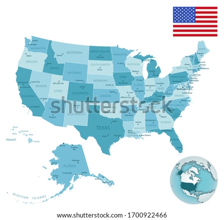 USA administrative blue-green map with country flag and location on a globe. Vector illustration