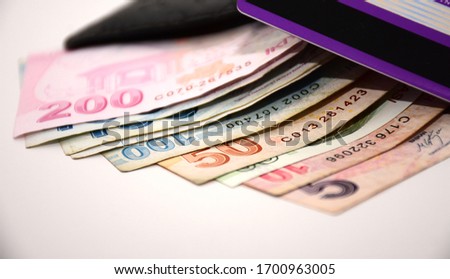 Turkish lira banknote and credit card