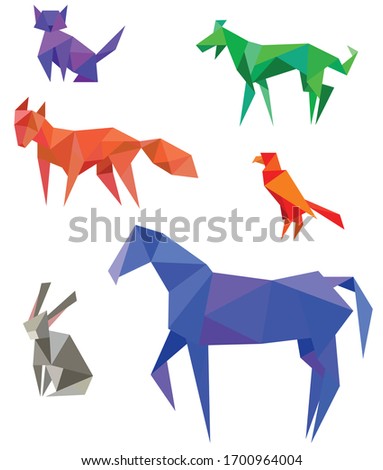 Colorful polygonal horse, fox, parrot, rabbit, cat and dog