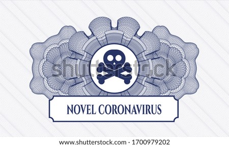 Blue abstract linear rosette with crossbones icon and Novel Coronavirus text inside