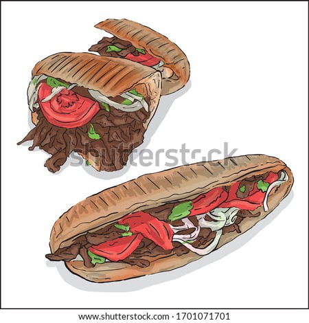 Turkish traditional 'döner', Half Bread Doner Kebab, isolated background vector illustration.