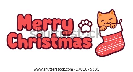 Cute cartoon cat in Christmas stocking and text Merry Christmas. Kawaii greeting card with kitty in sock and paw print. Isolated clip art illustration.