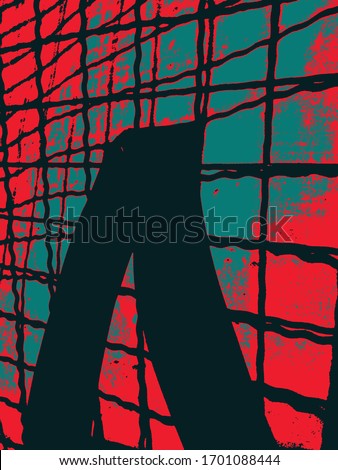 Vector illustration of grid, shadow and triangle. Abstract distressed surface. Turquoise, red, blue.