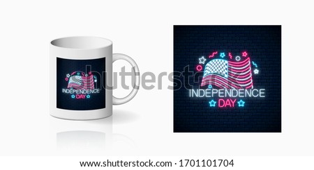 USA independence day glowing neon sign with flowing usa flag and text for cup design. National united states holiday design in neon style on mug mockup. 4th july holiday. Vector shiny design element