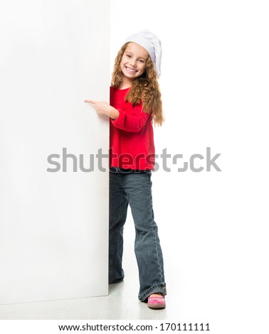 little smiling girl in chef hat with a white board