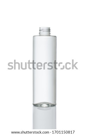 Uncapped transparent plastic bottle. Isolated white background for design mockup square top bevel Royalty-Free Stock Photo #1701150817