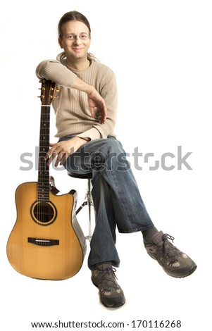 Guitarist leaning on his acoustic guitar ( Series with the same model available)