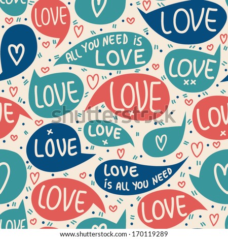 Seamless pattern of Valentines day with bubbles, hearts  and letters. Valentines hearts. Kids elements for scrap booking. Childish background. Hand drawn vector illustration.