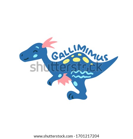 Cartoon dinosaur Gallimimus.  Cute dino character isolated. Playful dinosaur vector illustration on white background. Gallimimus handdrawn lettering. Kids logo with friendly animal. Dino mascot