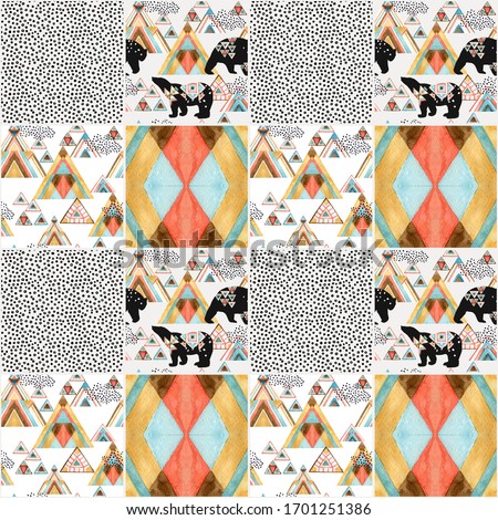 Abstract geometric seamless pattern with polar bear, watercolor triangles in patchwork style. Adventure concept geometric ornament background. Abstract mountain landscape Hand painted art illustration