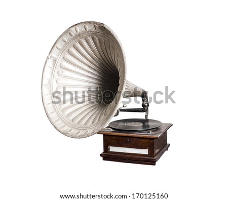 Retro old gramophone with horn speaker for playing music over plates isolated on white