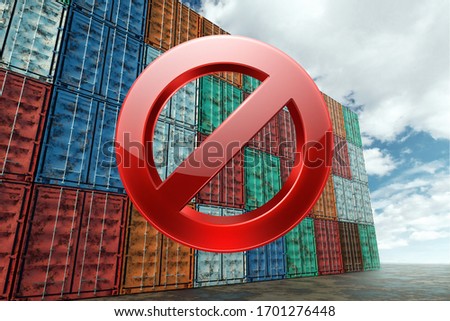 Sea containers are closed by a stop sign, a ban, industrial port with containers. The concept of production shutdown, canceled delivery, sanctions. mixed media, copy space