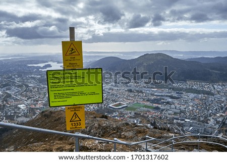 Ulriken is the highest of the seven mountains surrounding Bergen, Norway (sign: one-way hike because of the corona virus)