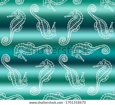 Vector illustration of white seahorse on green gradient sea wave background. Seamless pattern with hand drawn sea dragon