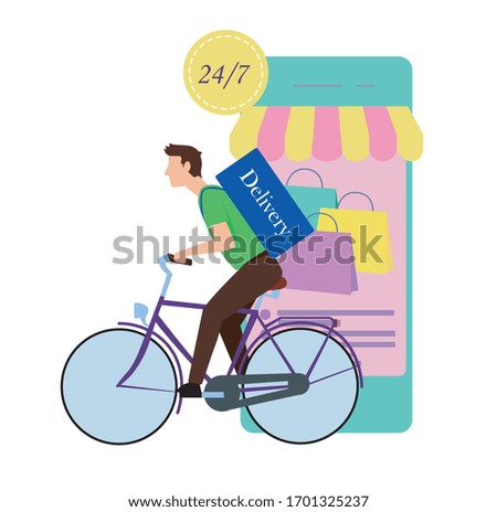 Food and package delivery for home. 
A man on a bicycle delivers food to an apartment. 24 hour delivery. Vector illustration.