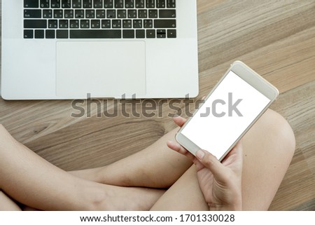 hand using smartphone with white screen, hand using phone white screen on top view