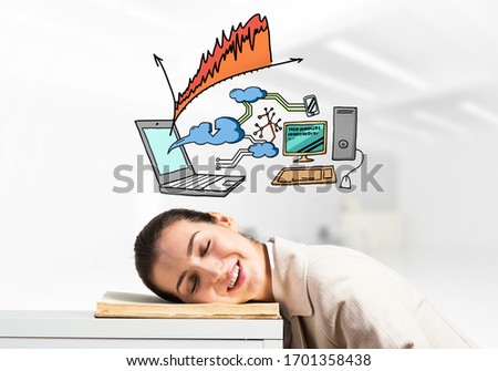 Happy business woman sleeping on desk. Computer technology cartoon drawing above head. Tired corporate employee relaxing in office. Smiling female worker in white suit dreaming on workplace.