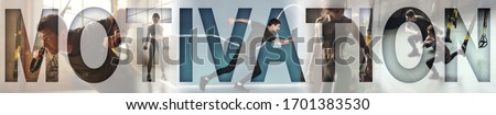 Strength and motivation. Group of young sporty people working at gym with an overlay of the word MOTIVATION. Collage. Panoramic banner header. Sport background