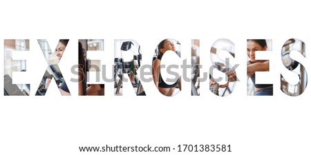 Panoramic banner. Happy young and sporty woman doing sport exercises at gym with an overlay of the word EXERCISES. Isolated on white background