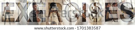 Panoramic banner. Group of young athletic couple working at gym with an overlay of the word EXERCISES. Collage. Sport background