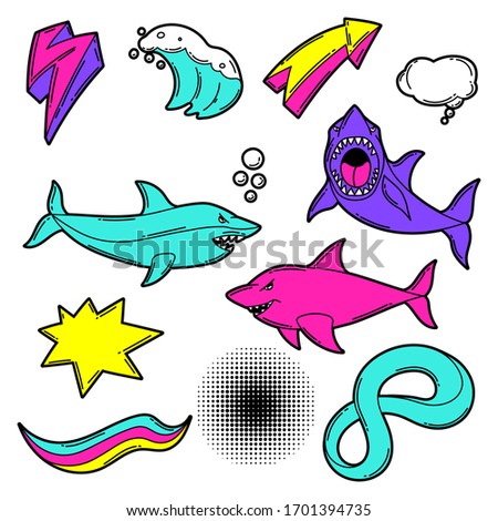 Set of cartoon sharks and decorative elements. Urban colorful teenage creative illustration. Fashion symbol in modern comic style.
