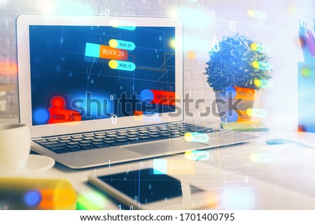 Multi exposure of desktop with personal computer and tech theme drawing. Concept of Bigdata.